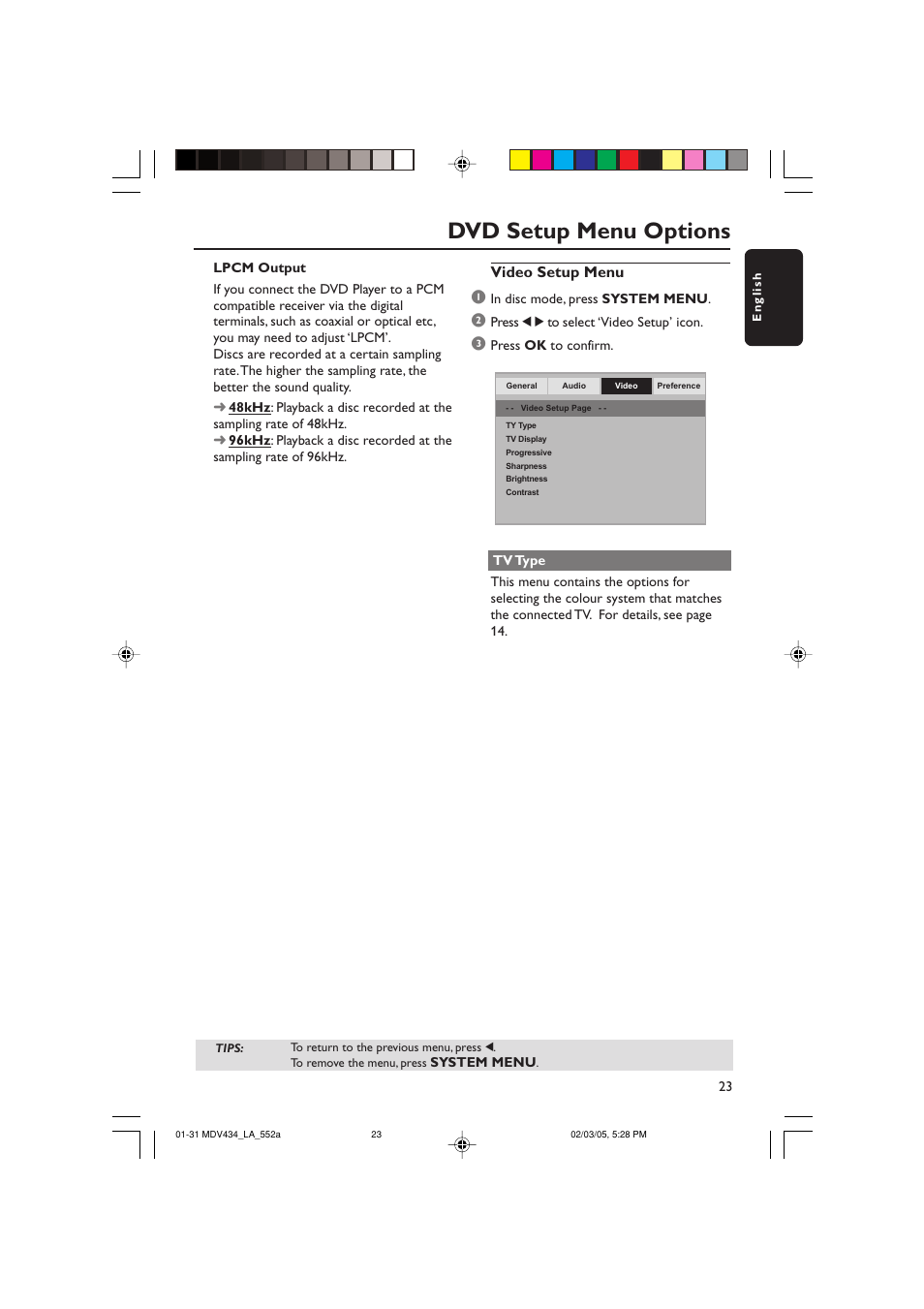 Dvd setup menu options, Video setup menu | Philips Magnavox MDV434 User Manual | Page 23 / 31