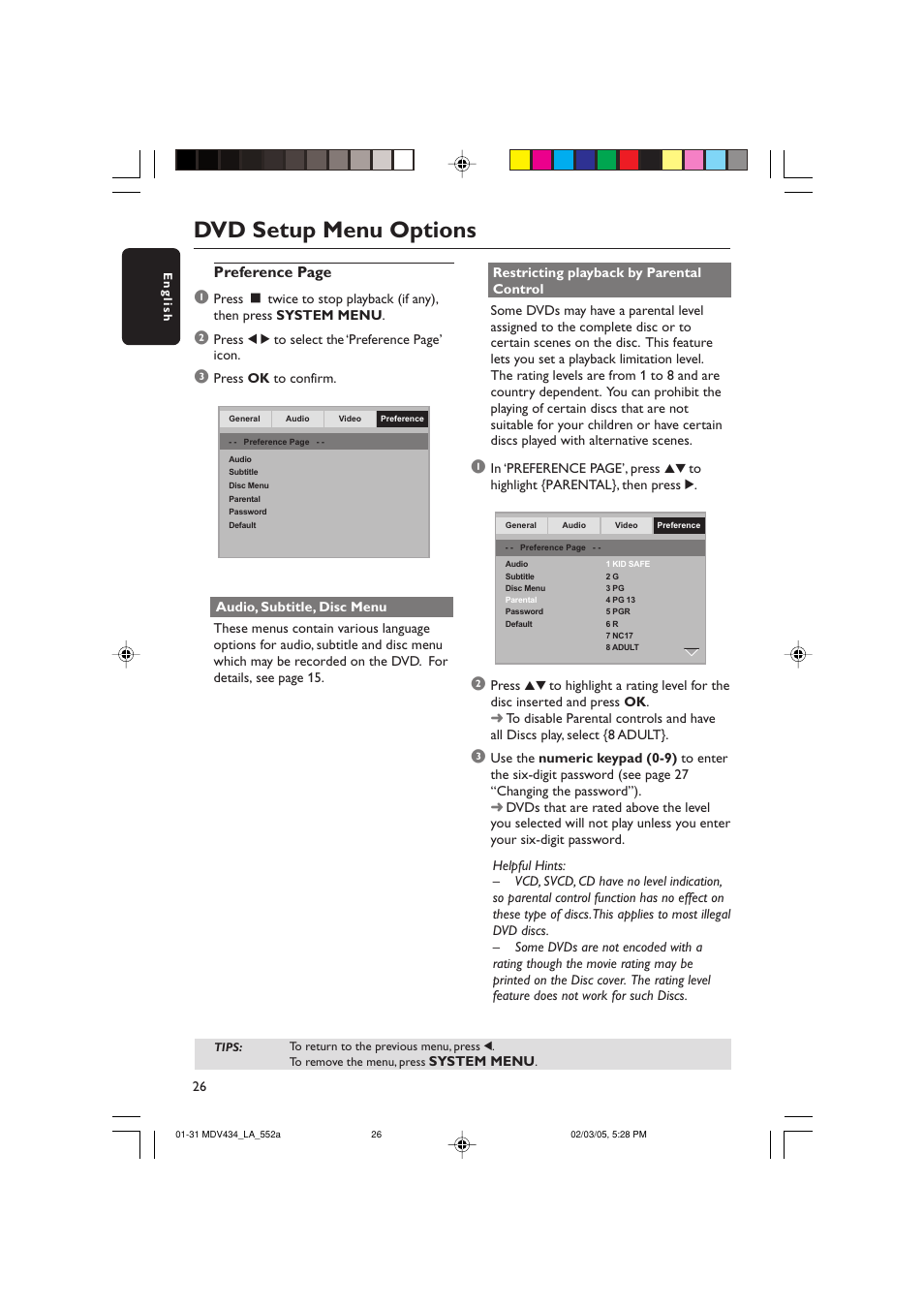 Dvd setup menu options, Preference page | Philips Magnavox MDV434 User Manual | Page 26 / 31