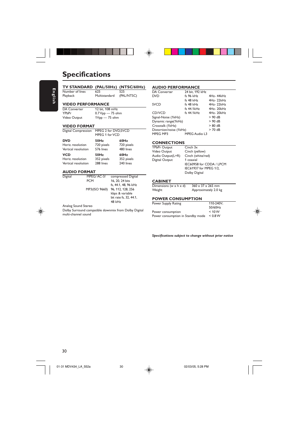 Specifications | Philips Magnavox MDV434 User Manual | Page 30 / 31