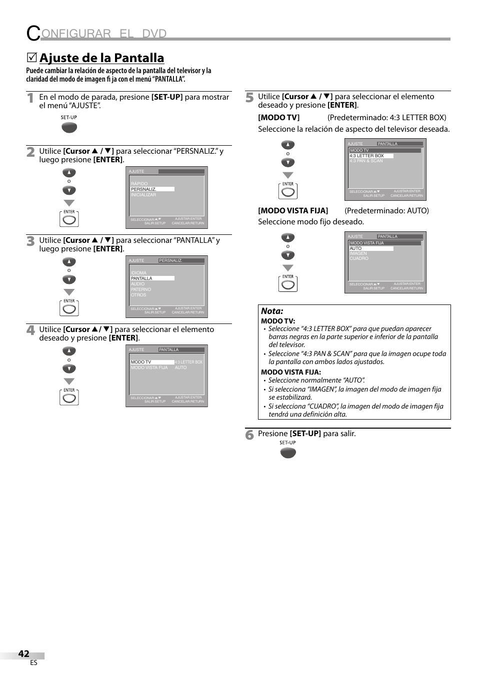 Onfigurar el dvd, Ajuste de la pantalla, Nota | Presione [set-up] para salir | Philips Magnavox CT270MW8 A User Manual | Page 102 / 111
