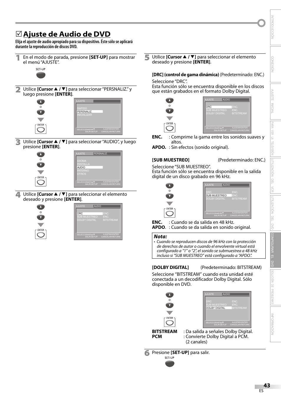 Ajuste de audio de dvd, Nota, Presione [set-up] para salir | Philips Magnavox CT270MW8 A User Manual | Page 103 / 111
