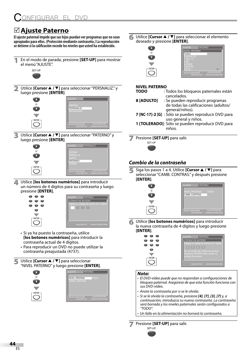 Onfigurar el dvd, Ajuste paterno, Cambio de la contraseña | Nota, Presione [set-up] para salir | Philips Magnavox CT270MW8 A User Manual | Page 104 / 111