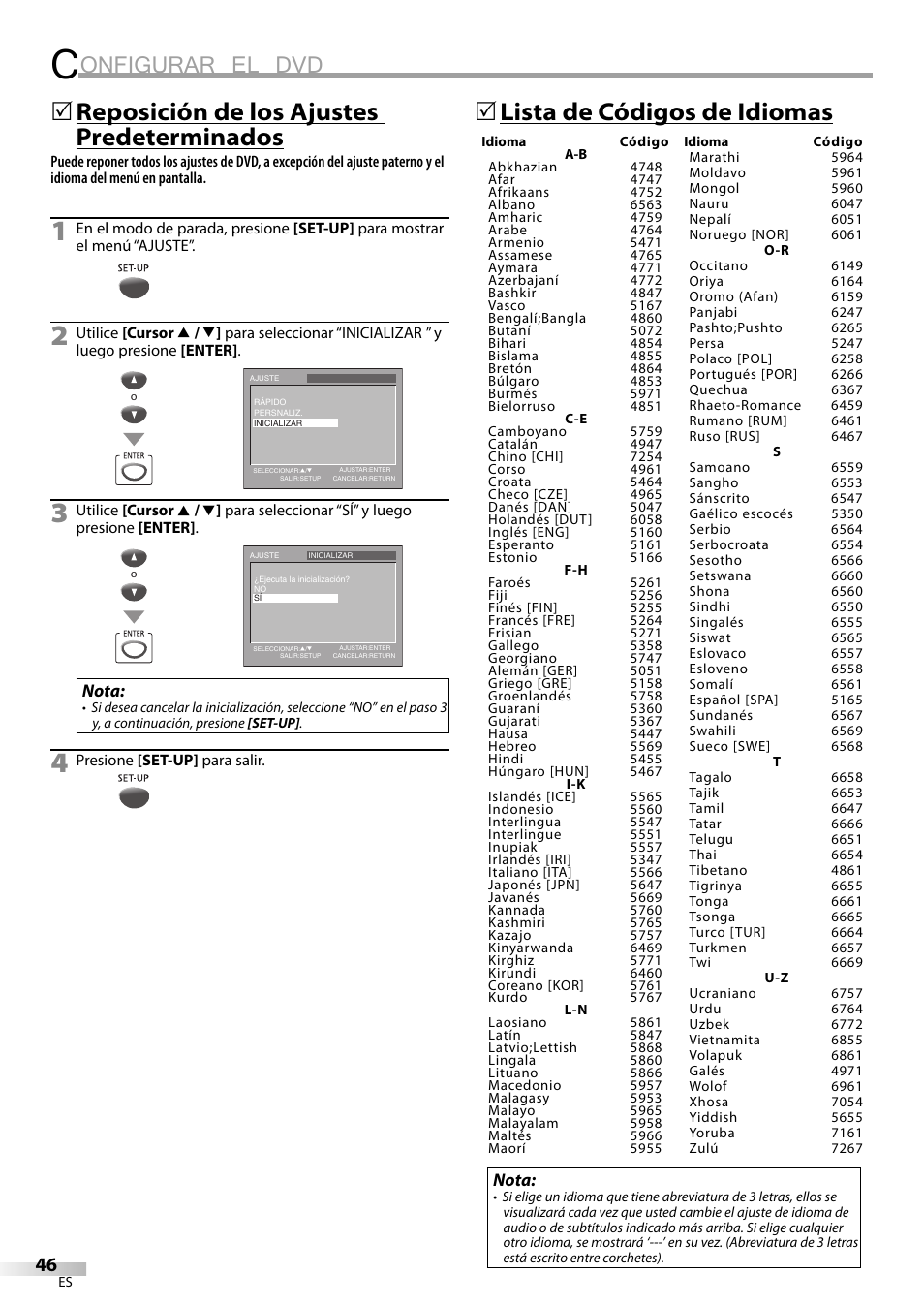 Onfigurar el dvd, Reposición de los ajustes predeterminados, 5lista de códigos de idiomas | Nota | Philips Magnavox CT270MW8 A User Manual | Page 106 / 111