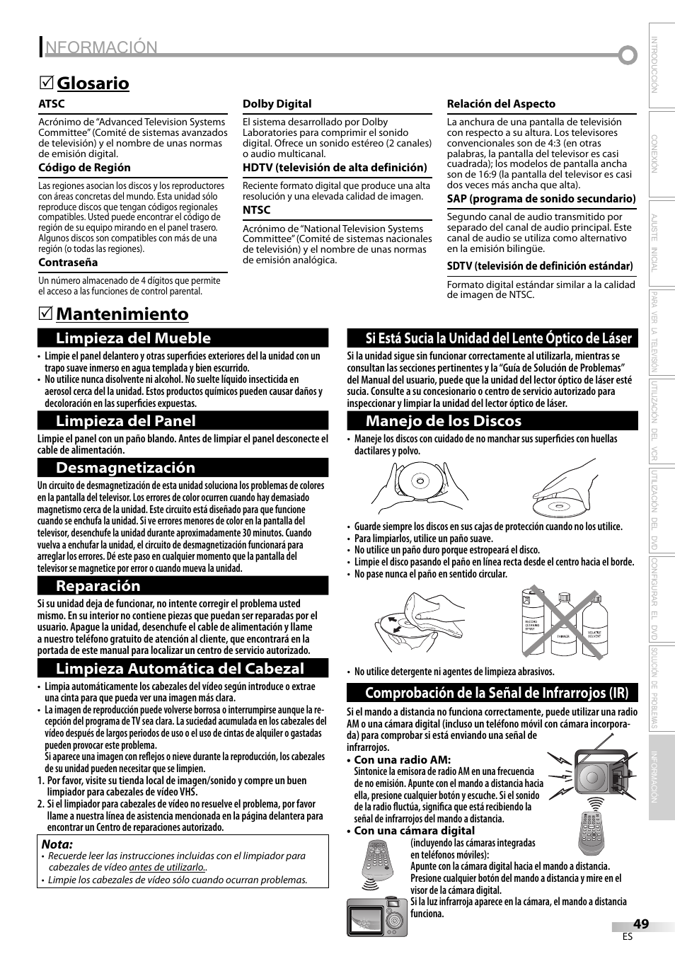 Nformación, Mantenimiento 5 glosario 5, Limpieza del mueble | Limpieza del panel, Desmagnetización, Reparación, Limpieza automática del cabezal, Si está sucia la unidad del lente óptico de láser, Manejo de los discos, Comprobación de la señal de infrarrojos (ir) | Philips Magnavox CT270MW8 A User Manual | Page 109 / 111