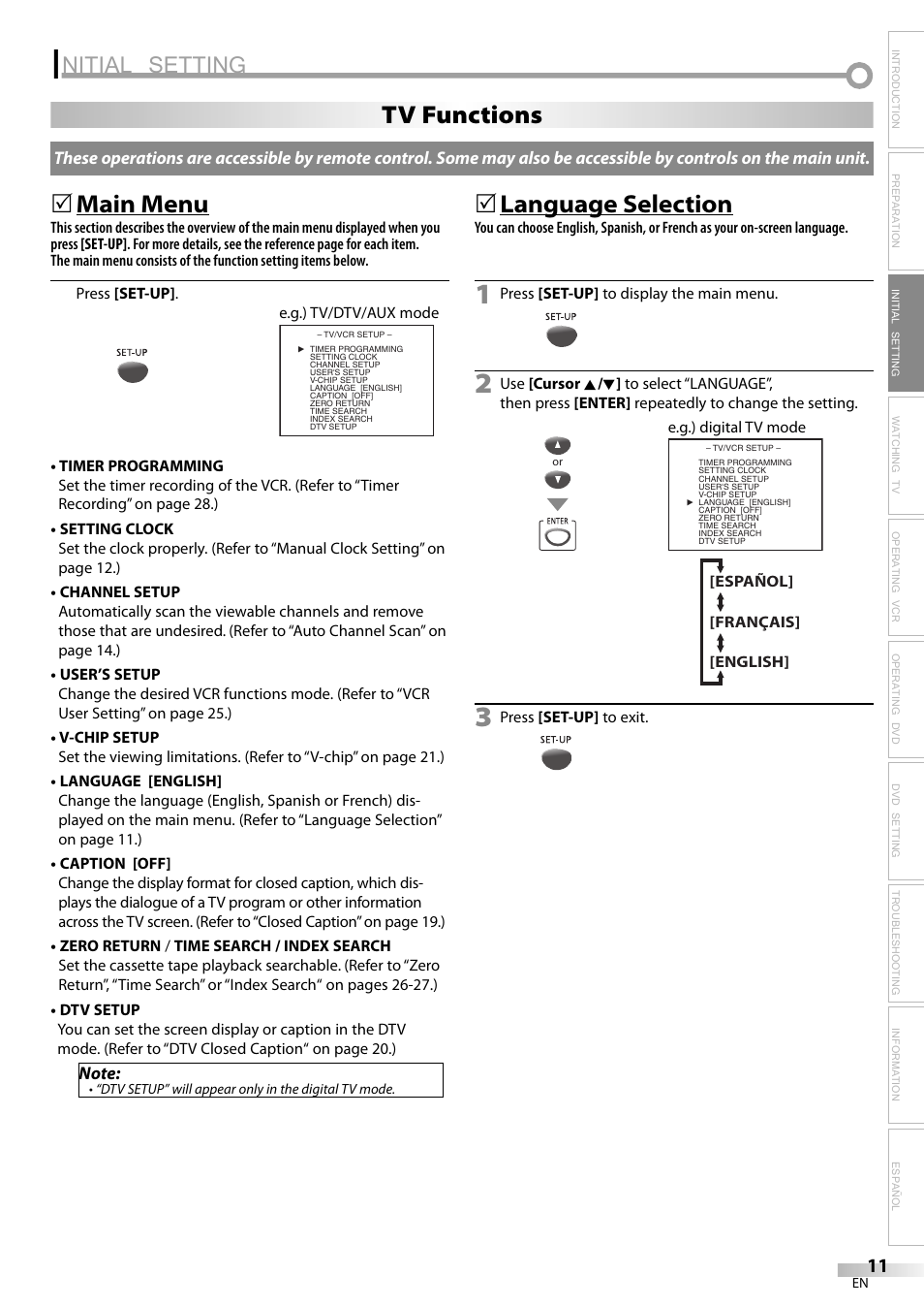 Nitial setting, Main menu, 5language selection | Tv functions | Philips Magnavox CT270MW8 A User Manual | Page 11 / 111
