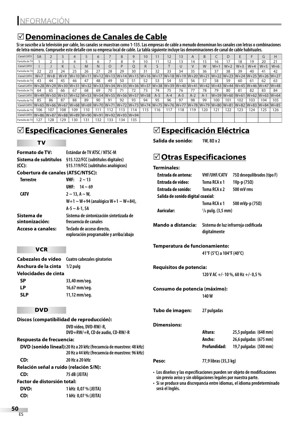 Nformación, Especificaciones generales, 5especificación eléctrica | Otras especificaciones, Denominaciones de canales de cable 5 | Philips Magnavox CT270MW8 A User Manual | Page 110 / 111