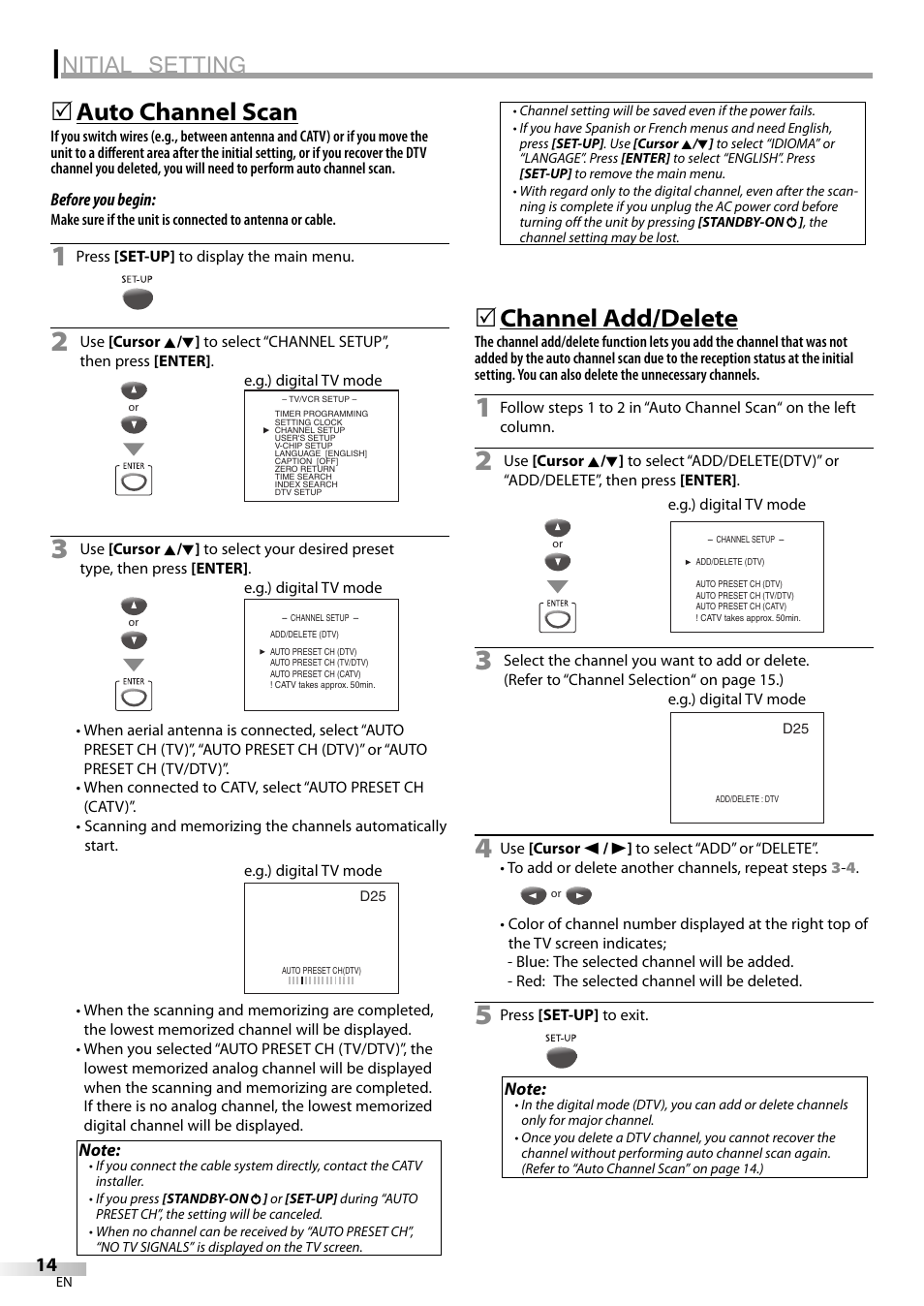 Nitial setting, Auto channel scan, Channel add/delete | Philips Magnavox CT270MW8 A User Manual | Page 14 / 111