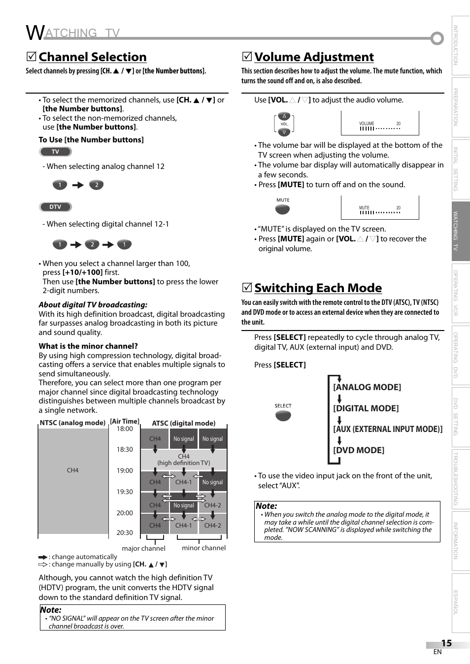 Atching tv, Channel selection, 5volume adjustment | Switching each mode | Philips Magnavox CT270MW8 A User Manual | Page 15 / 111