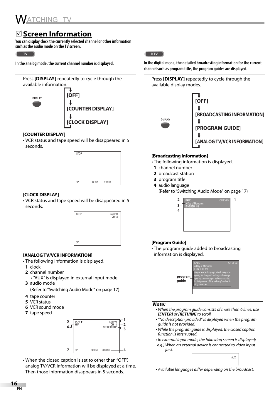 Atching tv, Screen information | Philips Magnavox CT270MW8 A User Manual | Page 16 / 111