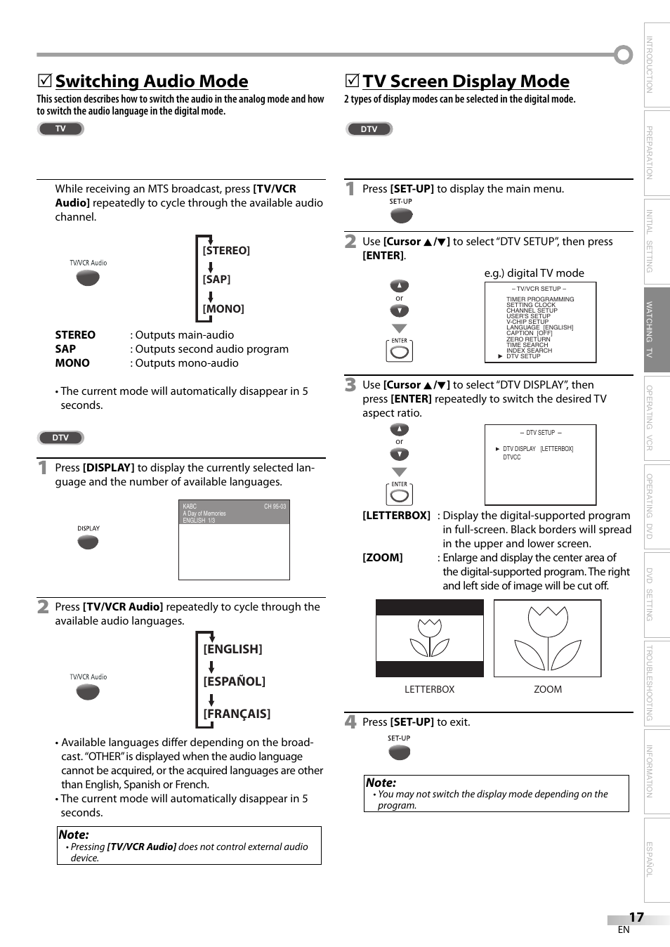 Switching audio mode, 5tv screen display mode | Philips Magnavox CT270MW8 A User Manual | Page 17 / 111