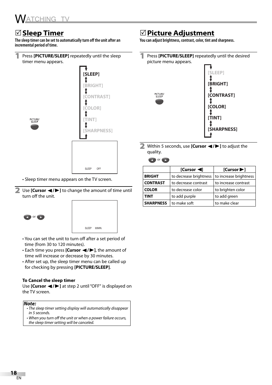 Atching tv, Sleep timer, 5picture adjustment | Philips Magnavox CT270MW8 A User Manual | Page 18 / 111