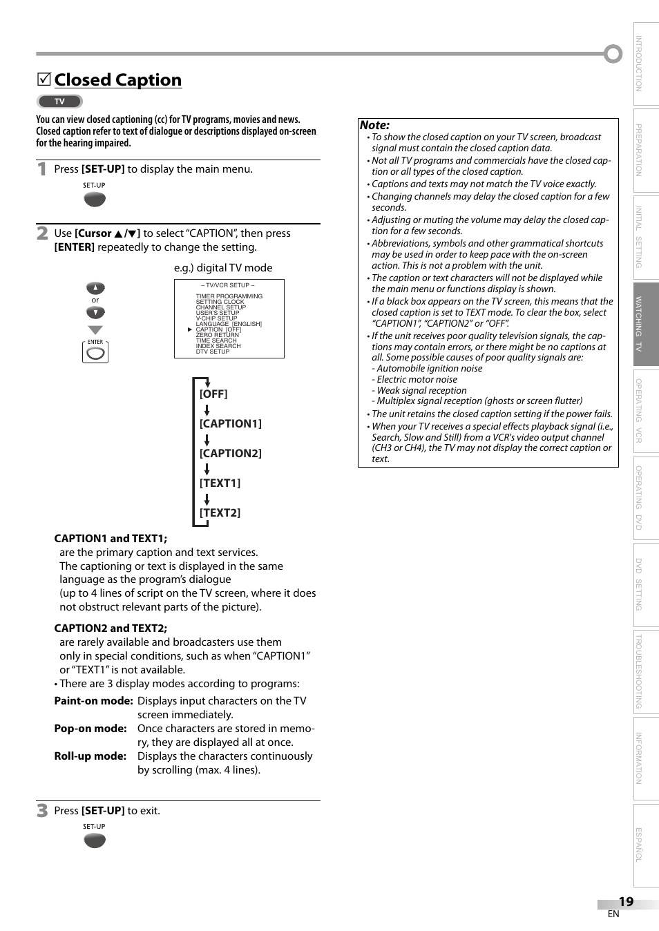 Closed caption | Philips Magnavox CT270MW8 A User Manual | Page 19 / 111