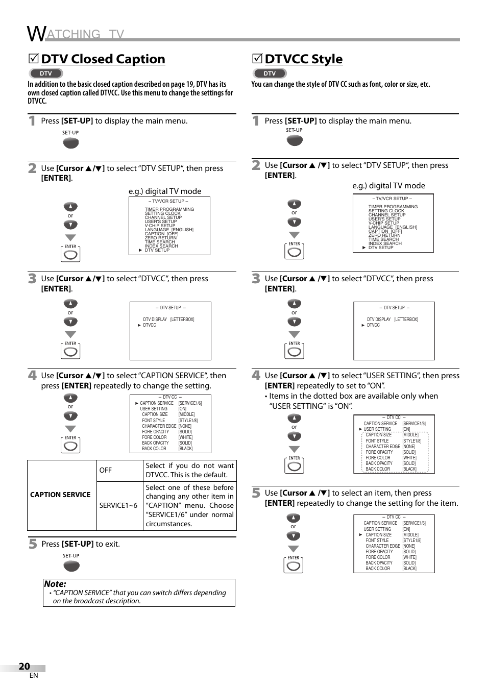 Atching tv, Dtv closed caption, 5dtvcc style | Philips Magnavox CT270MW8 A User Manual | Page 20 / 111