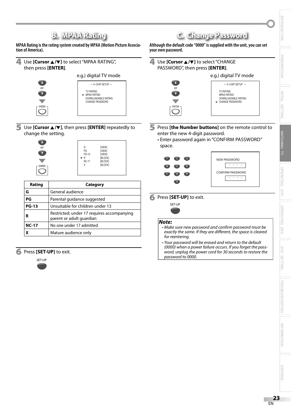 B. mpaa rating, C. change password | Philips Magnavox CT270MW8 A User Manual | Page 23 / 111