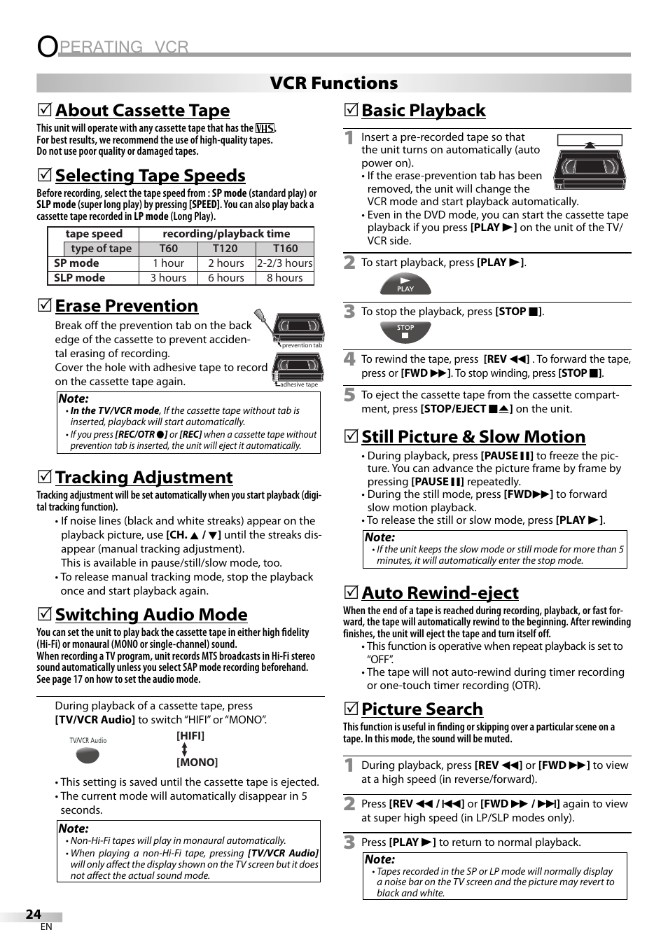 Perating vcr, About cassette tape, Selecting tape speeds | Erase prevention, Tracking adjustment, Switching audio mode, 5basic playback, Still picture & slow motion, Auto rewind-eject, Picture search | Philips Magnavox CT270MW8 A User Manual | Page 24 / 111