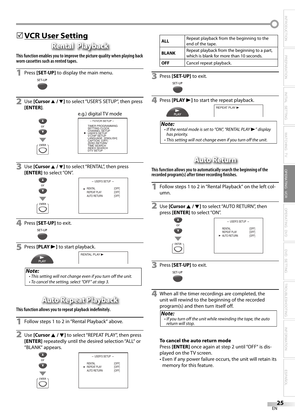 Vcr user setting rental playback rental playback, Auto repeat playback, Auto return | Philips Magnavox CT270MW8 A User Manual | Page 25 / 111