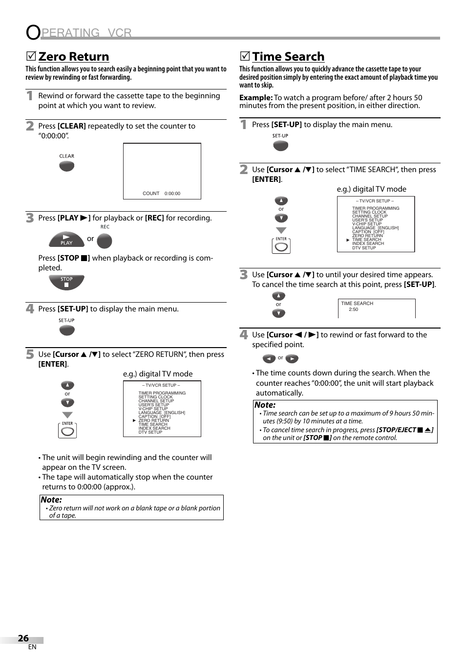 Perating vcr, Zero return, 5time search | Philips Magnavox CT270MW8 A User Manual | Page 26 / 111