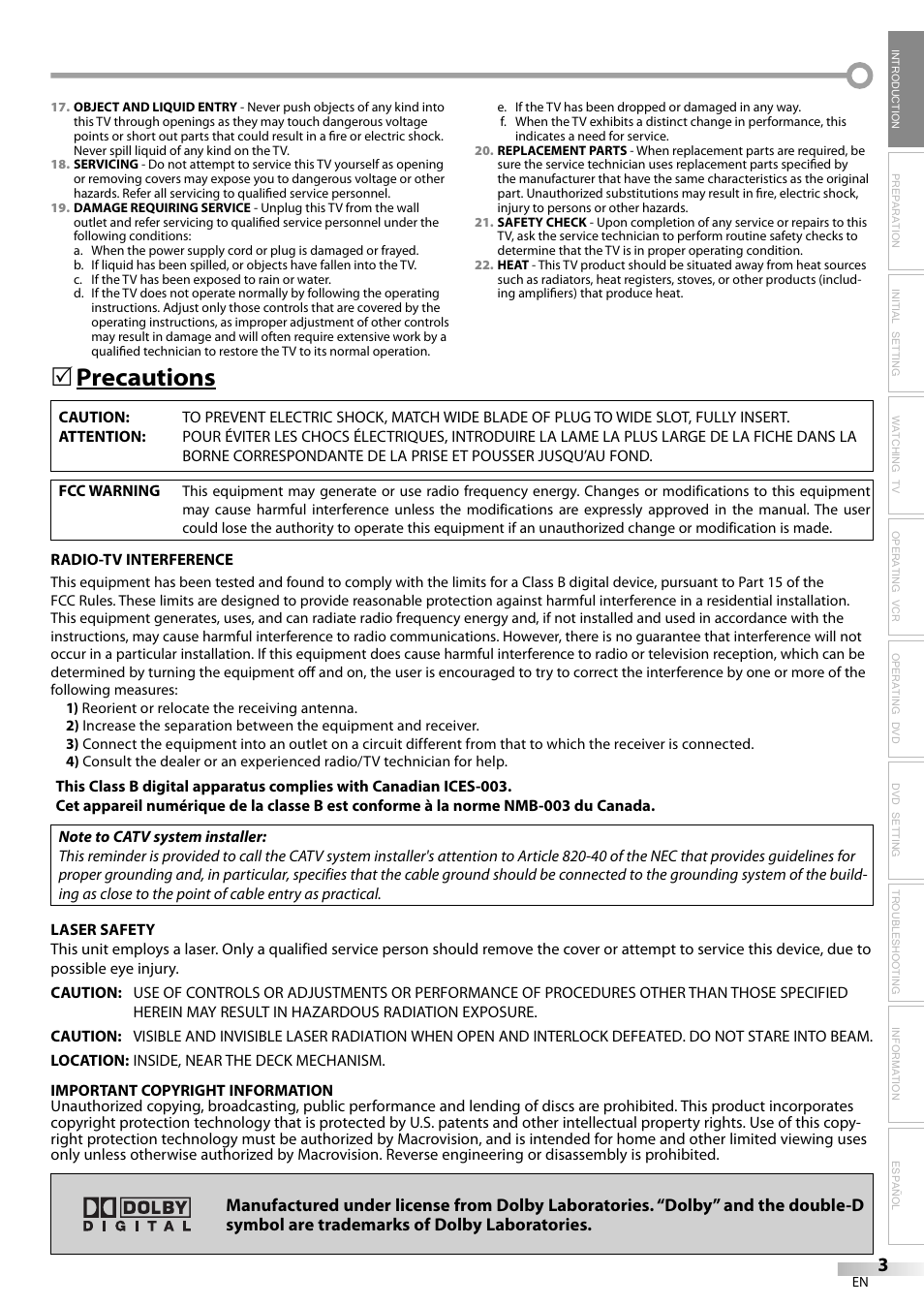 Precautions | Philips Magnavox CT270MW8 A User Manual | Page 3 / 111