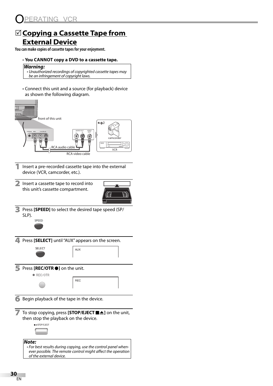 Perating vcr, Copying a cassette tape from external device | Philips Magnavox CT270MW8 A User Manual | Page 30 / 111