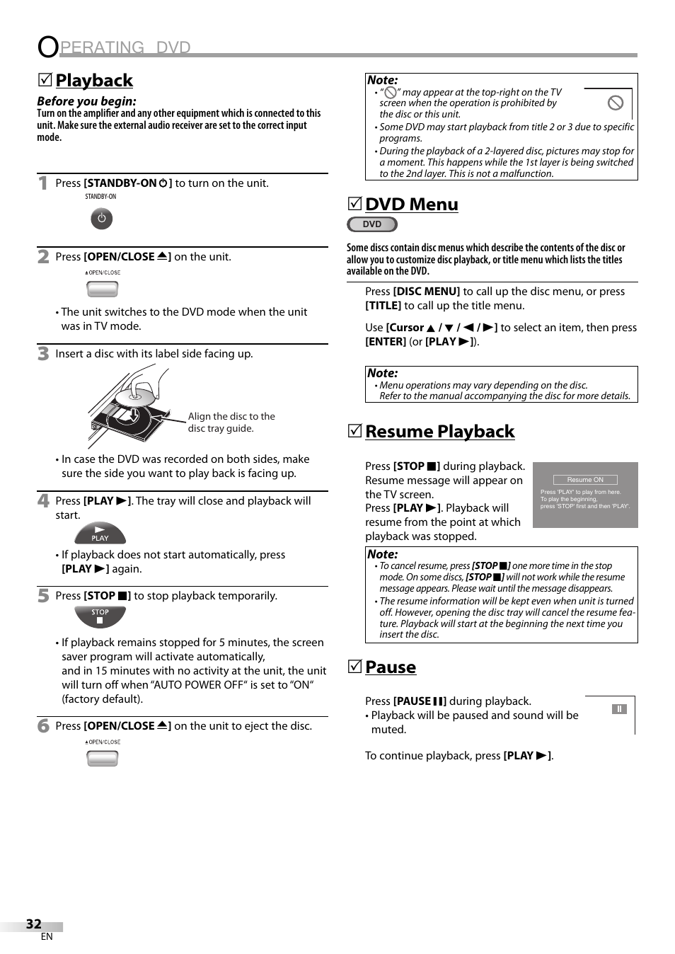 Perating dvd, Playback, Dvd menu | Resume playback, Pause | Philips Magnavox CT270MW8 A User Manual | Page 32 / 111