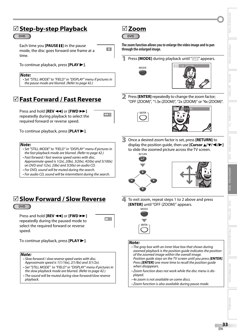 Step-by-step playback, Fast forward / fast reverse, Slow forward / slow reverse | 5zoom | Philips Magnavox CT270MW8 A User Manual | Page 33 / 111