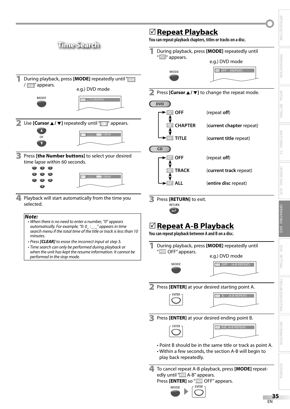 Time search, Repeat playback, Repeat a-b playback | Philips Magnavox CT270MW8 A User Manual | Page 35 / 111