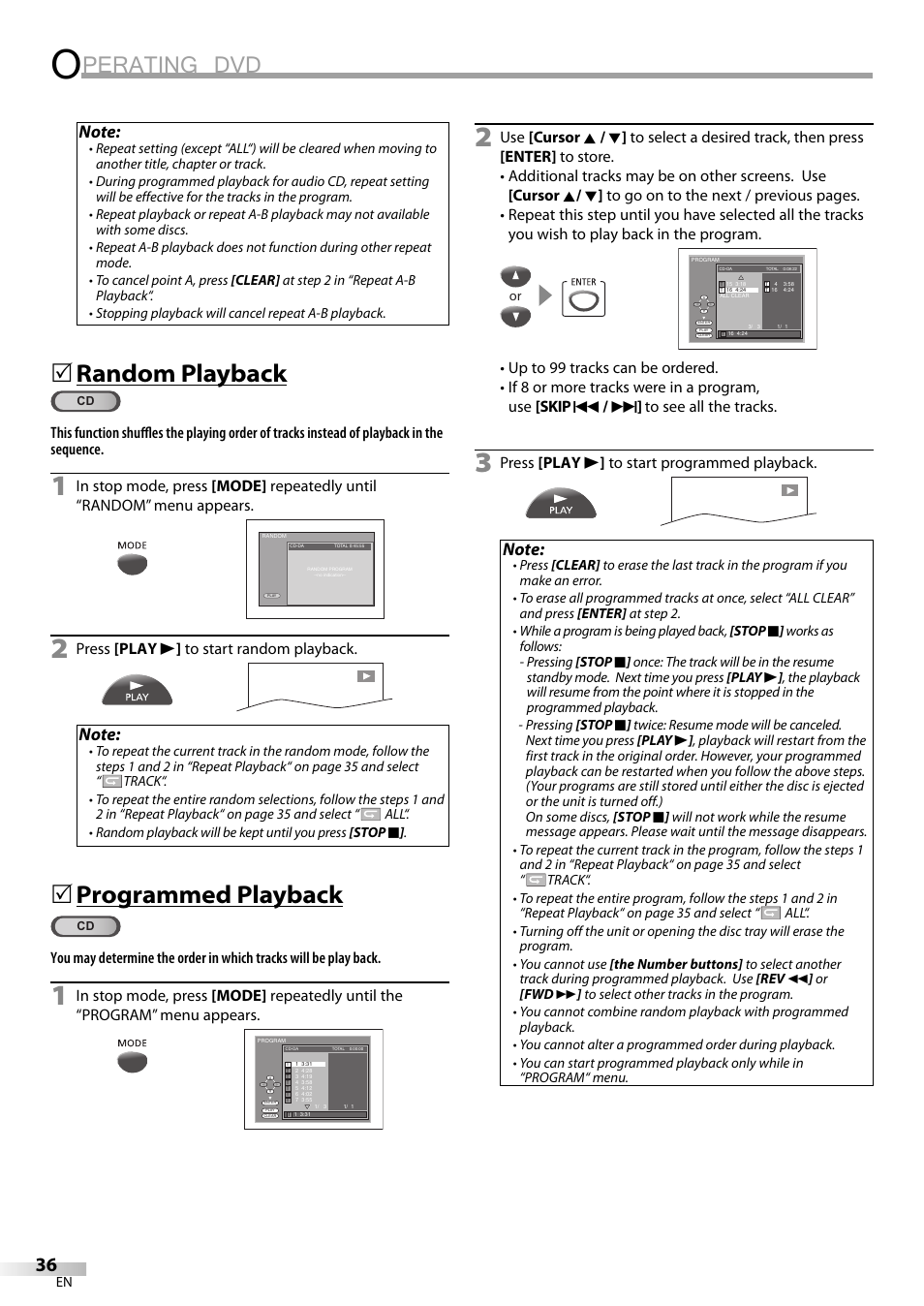 Perating dvd, Random playback, Programmed playback | Press [play b ] to start random playback, Press [play b ] to start programmed playback | Philips Magnavox CT270MW8 A User Manual | Page 36 / 111