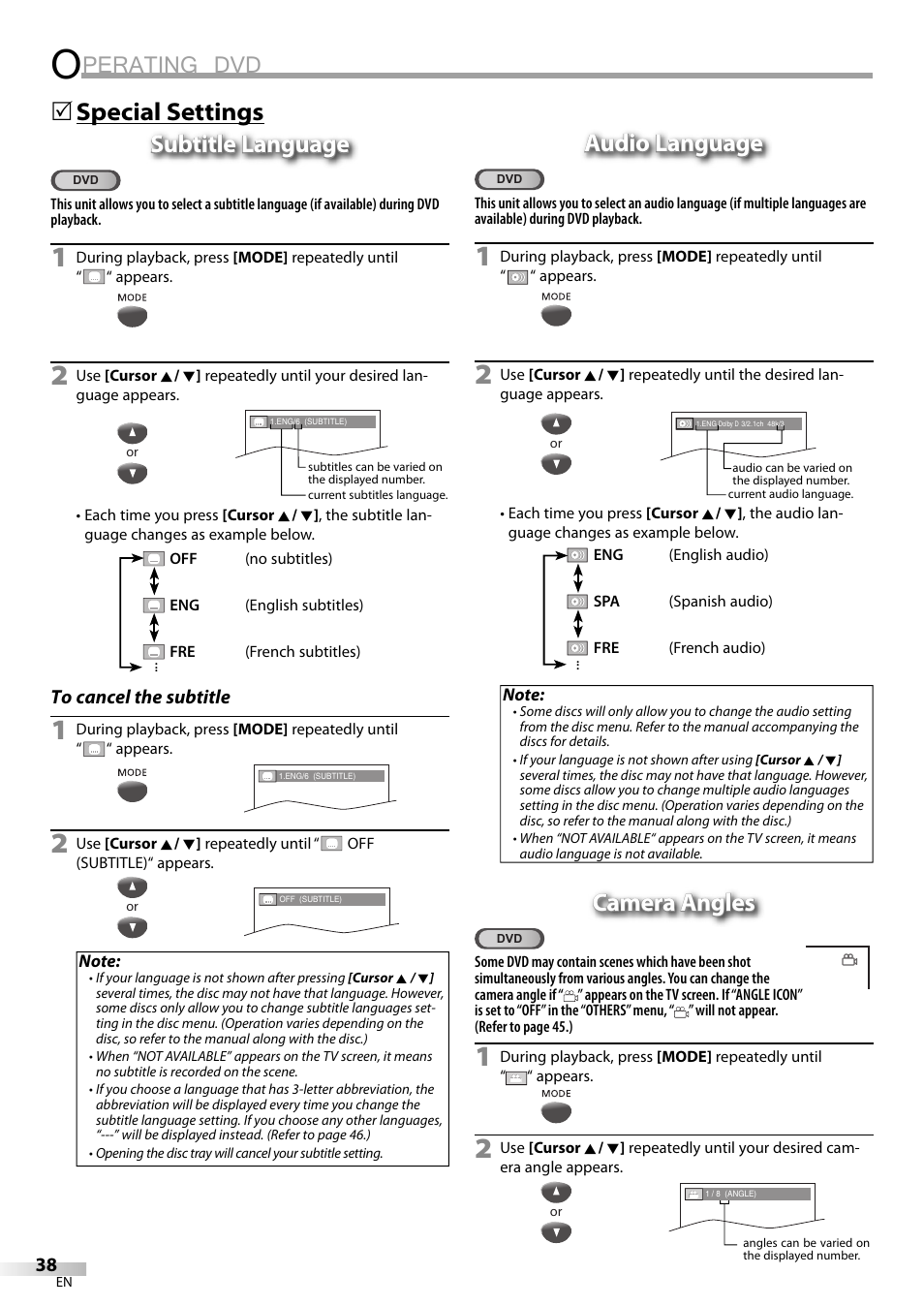 Perating dvd, 5audio language audio language, Camera angles | Philips Magnavox CT270MW8 A User Manual | Page 38 / 111