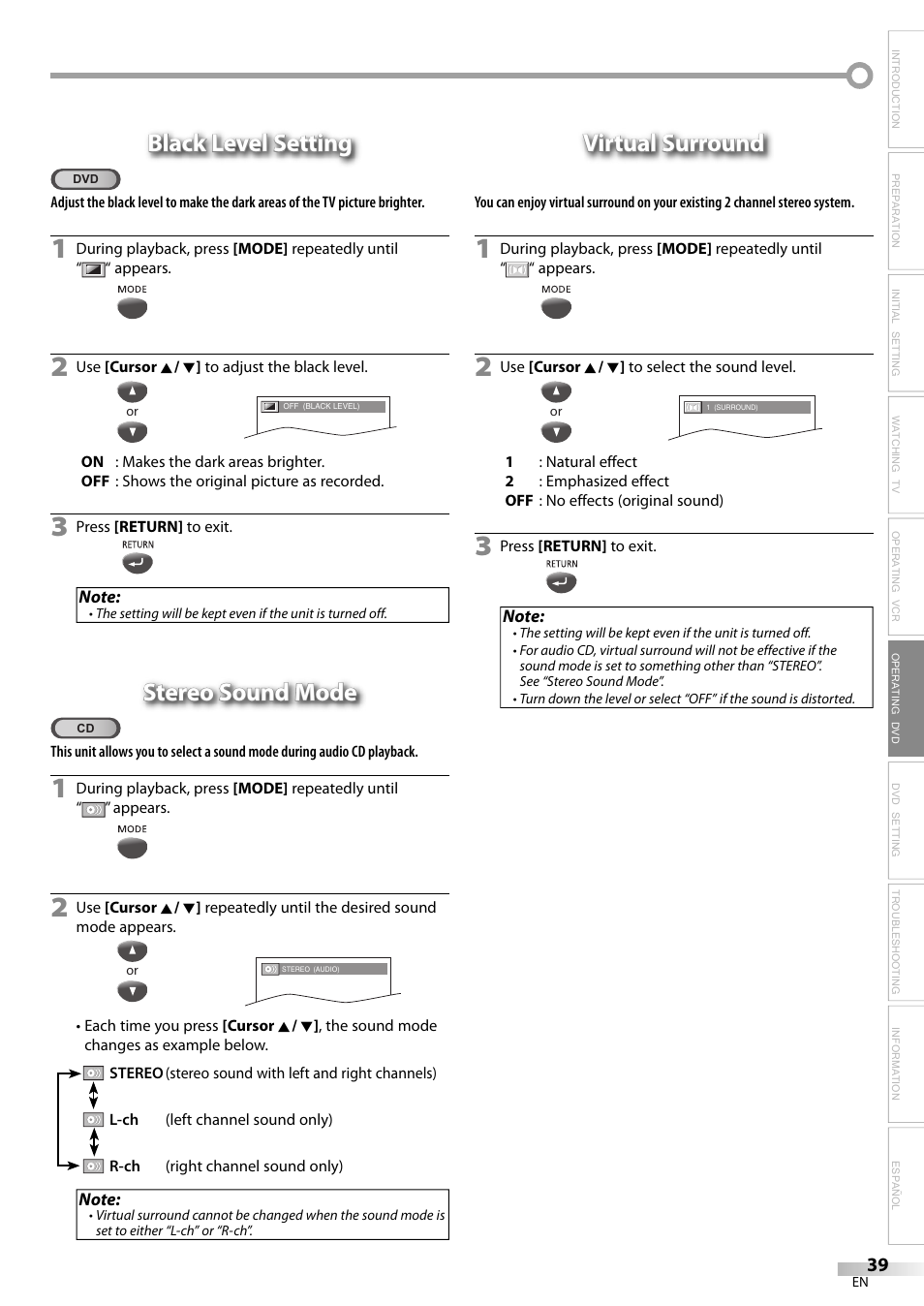 Black level setting, Stereo sound mode, Virtual surround | Philips Magnavox CT270MW8 A User Manual | Page 39 / 111