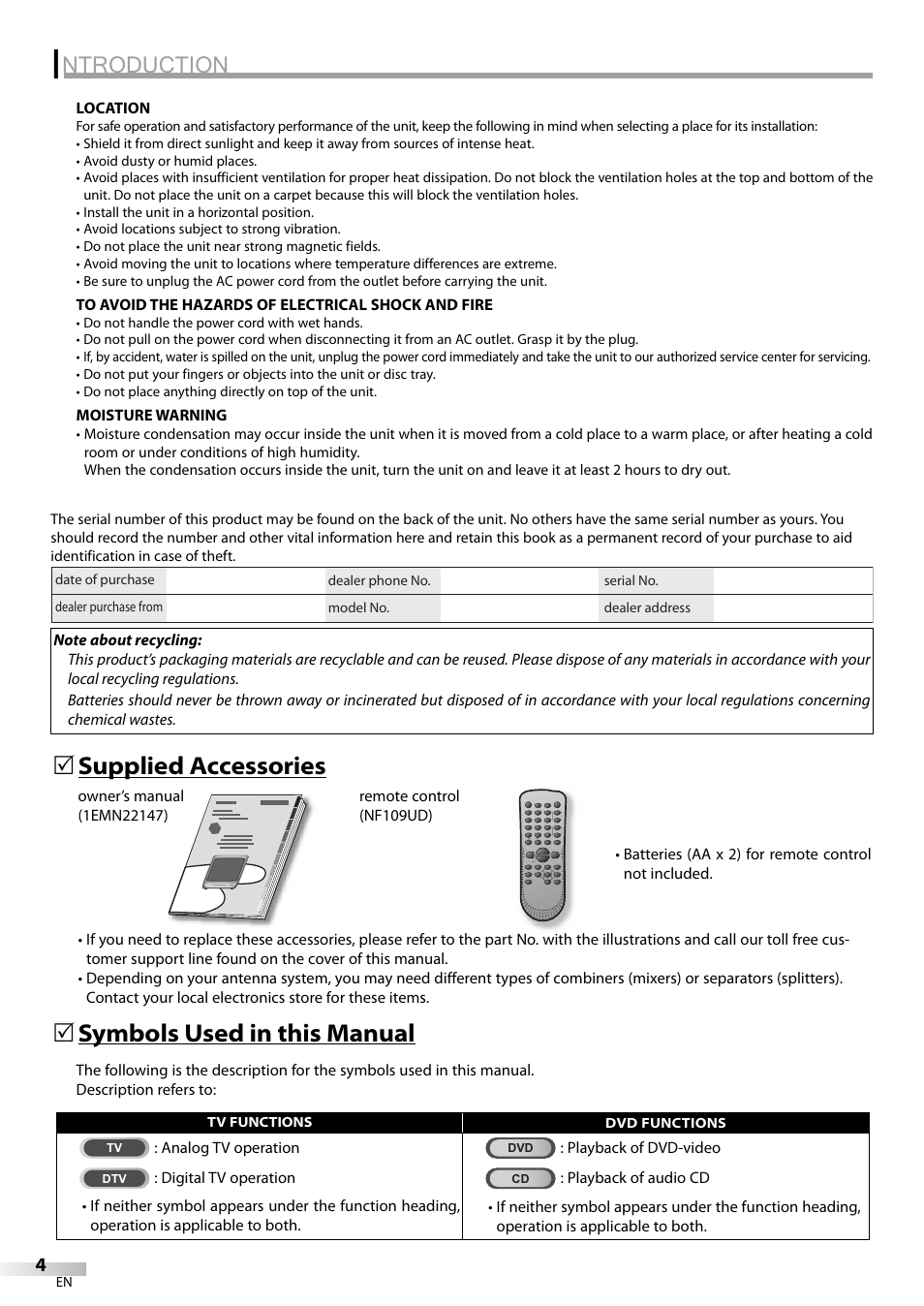 Ntroduction, Supplied accessories 5, Symbols used in this manual 5 | Philips Magnavox CT270MW8 A User Manual | Page 4 / 111