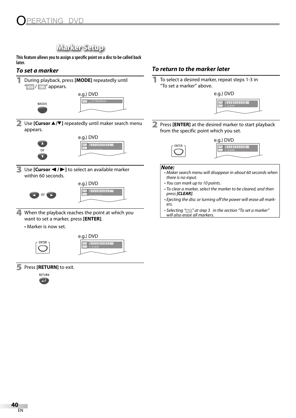 Perating dvd, Marker setup | Philips Magnavox CT270MW8 A User Manual | Page 40 / 111