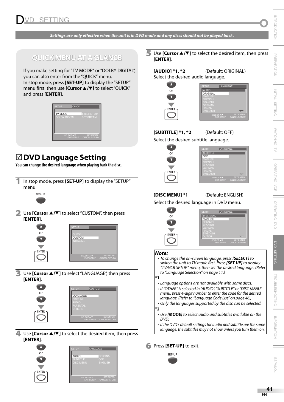 Vd setting, Quick menu at a glance, Dvd language setting | Philips Magnavox CT270MW8 A User Manual | Page 41 / 111