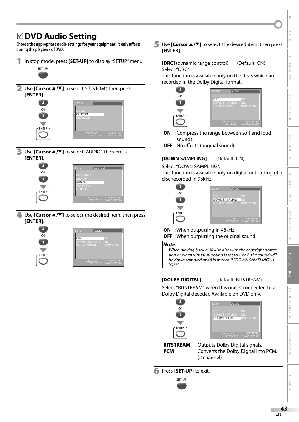 Dvd audio setting | Philips Magnavox CT270MW8 A User Manual | Page 43 / 111