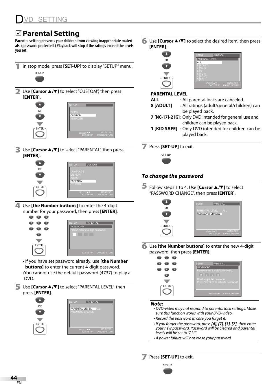 Vd setting, Parental setting | Philips Magnavox CT270MW8 A User Manual | Page 44 / 111