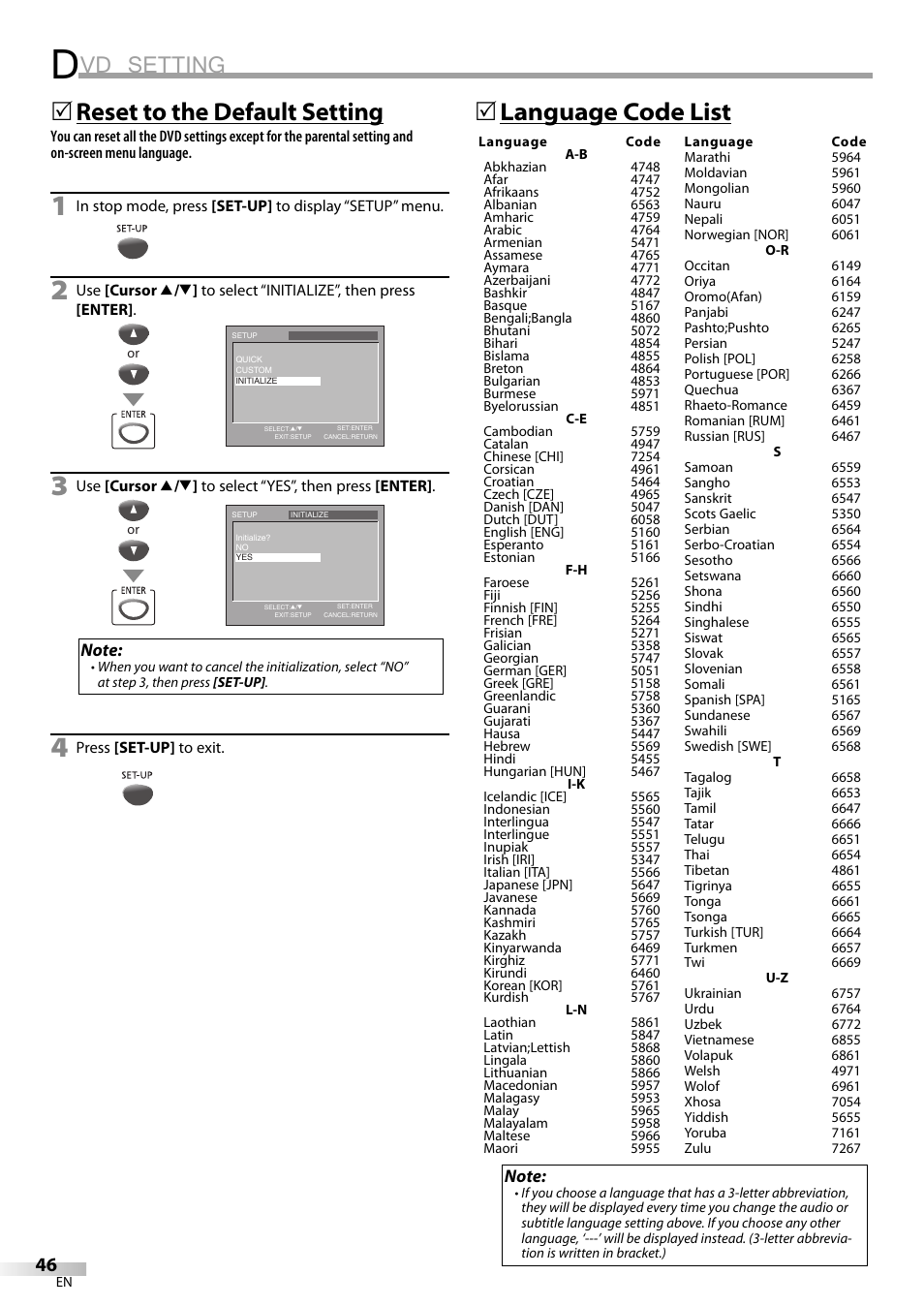 Vd setting, Reset to the default setting, 5language code list | Philips Magnavox CT270MW8 A User Manual | Page 46 / 111
