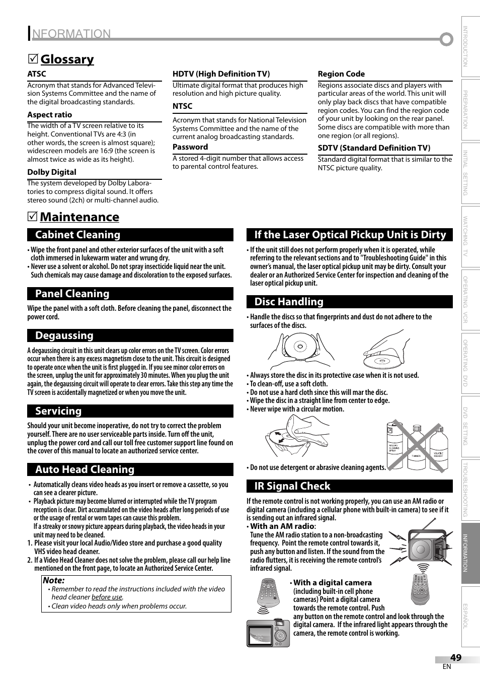Nformation, Maintenance 5 glossary 5, Cabinet cleaning | Panel cleaning, Degaussing, Servicing, Auto head cleaning, If the laser optical pickup unit is dirty, Disc handling, Ir signal check | Philips Magnavox CT270MW8 A User Manual | Page 49 / 111