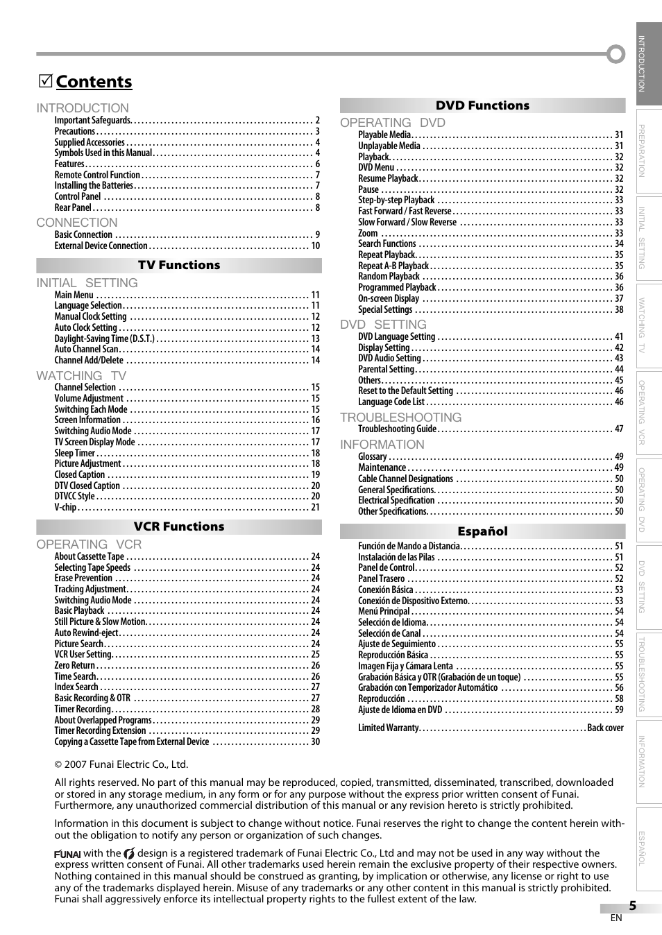 Introduction, Connection, Initial setting | Watching tv, Operating vcr, Operating dvd, Dvd setting, Troubleshooting, Information, Contents 5 | Philips Magnavox CT270MW8 A User Manual | Page 5 / 111