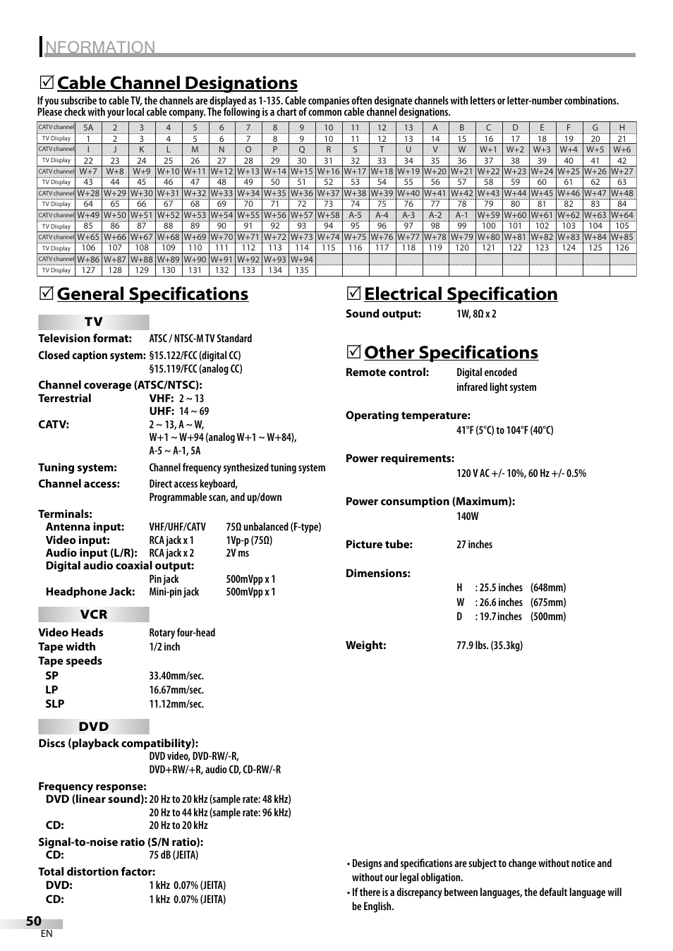Nformation, General specifications, 5electrical specification | Other specifications, Cable channel designations 5 | Philips Magnavox CT270MW8 A User Manual | Page 50 / 111