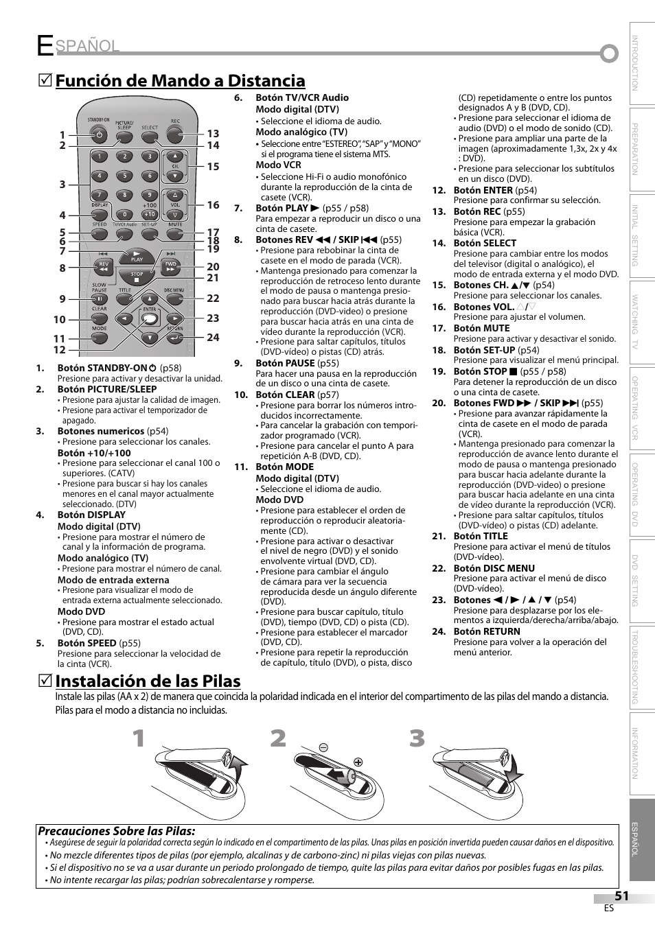 Spañol, Función de mando a distancia 5, Instalación de las pilas | Philips Magnavox CT270MW8 A User Manual | Page 51 / 111