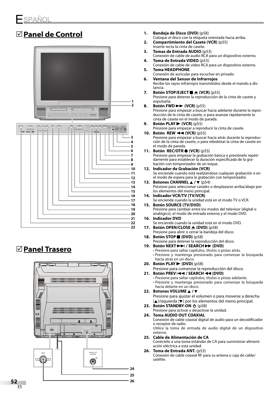 Spañol, Panel de control 5 panel trasero 5 | Philips Magnavox CT270MW8 A User Manual | Page 52 / 111