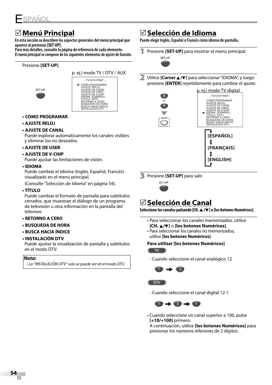 Spañol, Menú principal, 5selección de idioma | Selección de canal | Philips Magnavox CT270MW8 A User Manual | Page 54 / 111