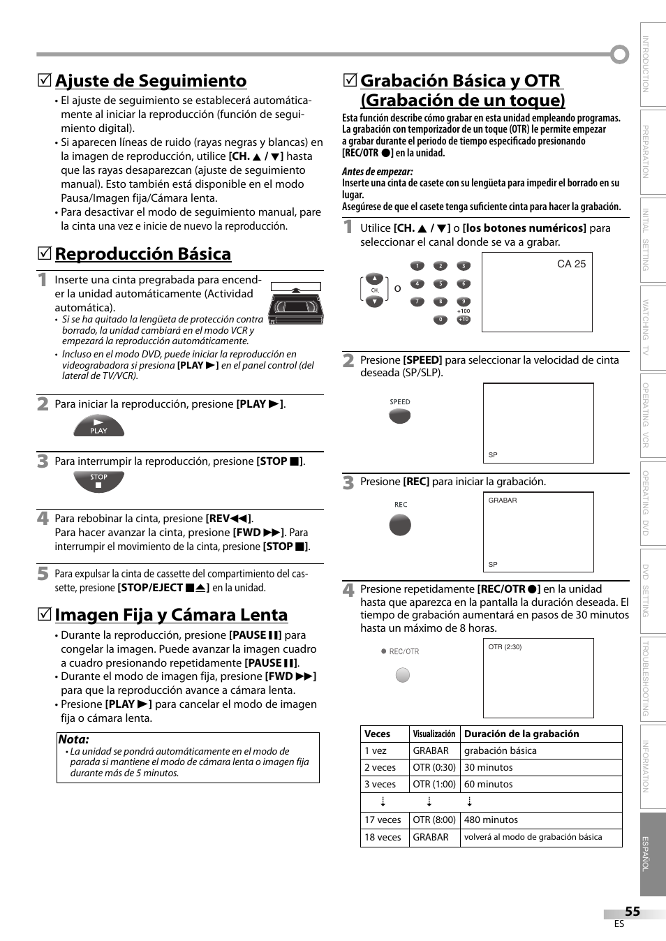 Ajuste de seguimiento, Reproducción básica, Imagen fija y cámara lenta | 5grabación básica y otr (grabación de un toque) | Philips Magnavox CT270MW8 A User Manual | Page 55 / 111