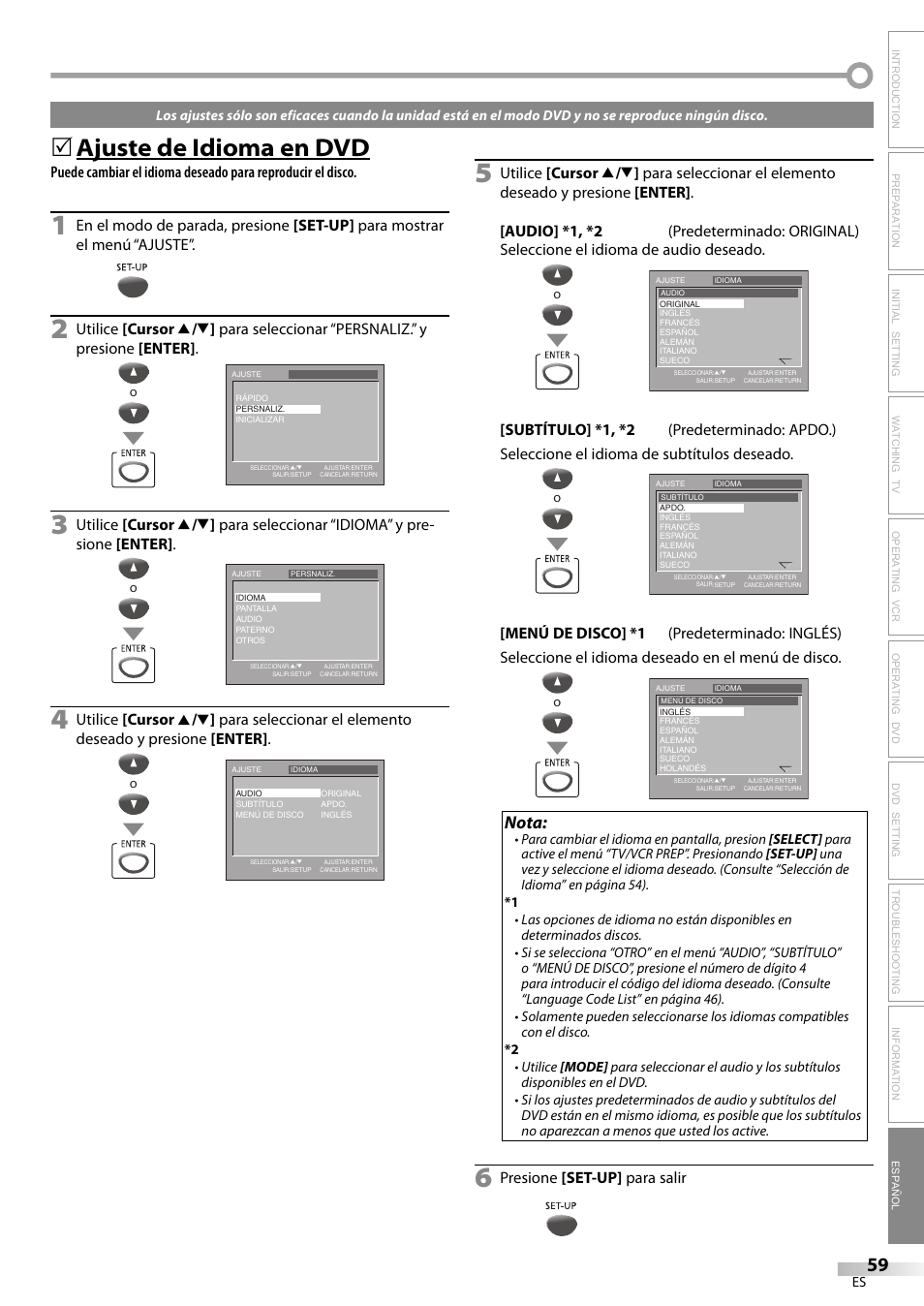 Ajuste de idioma en dvd, Nota, Presione [set-up] para salir | Philips Magnavox CT270MW8 A User Manual | Page 59 / 111