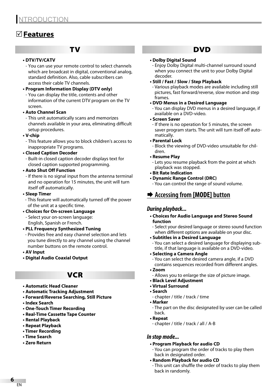 Ntroduction, Features 5, Accessing from [mode] button | Tv dvd, During playback | Philips Magnavox CT270MW8 A User Manual | Page 6 / 111