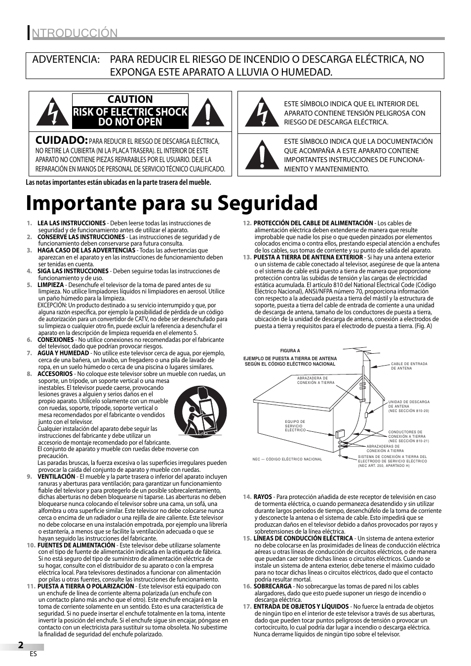 Importante para su seguridad, Ntroducción, Cuidado | Risk of electric shock do not open, Caution | Philips Magnavox CT270MW8 A User Manual | Page 62 / 111