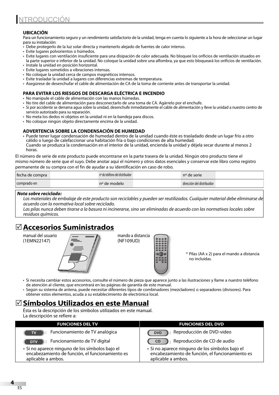 Ntroducción, Accesorios suministrados, Símbolos utilizados en este manual | Philips Magnavox CT270MW8 A User Manual | Page 64 / 111