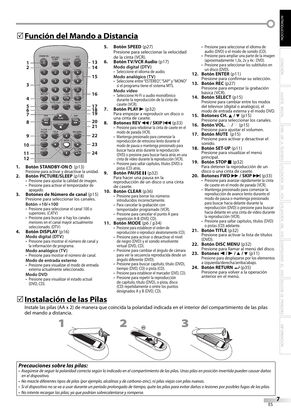 Función del mando a distancia 5, Instalación de las pilas | Philips Magnavox CT270MW8 A User Manual | Page 67 / 111