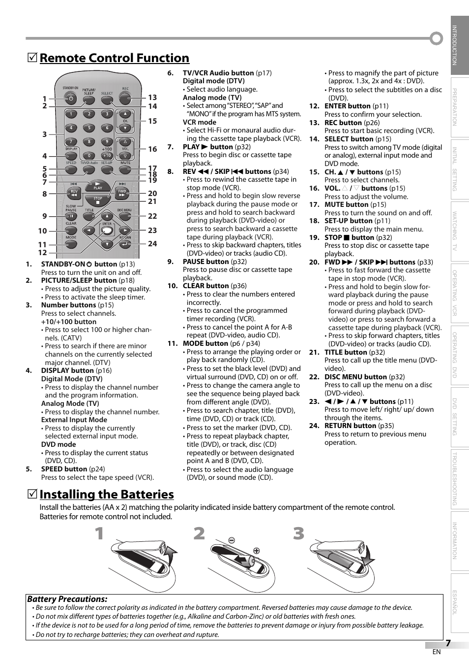 Remote control function 5, Installing the batteries | Philips Magnavox CT270MW8 A User Manual | Page 7 / 111