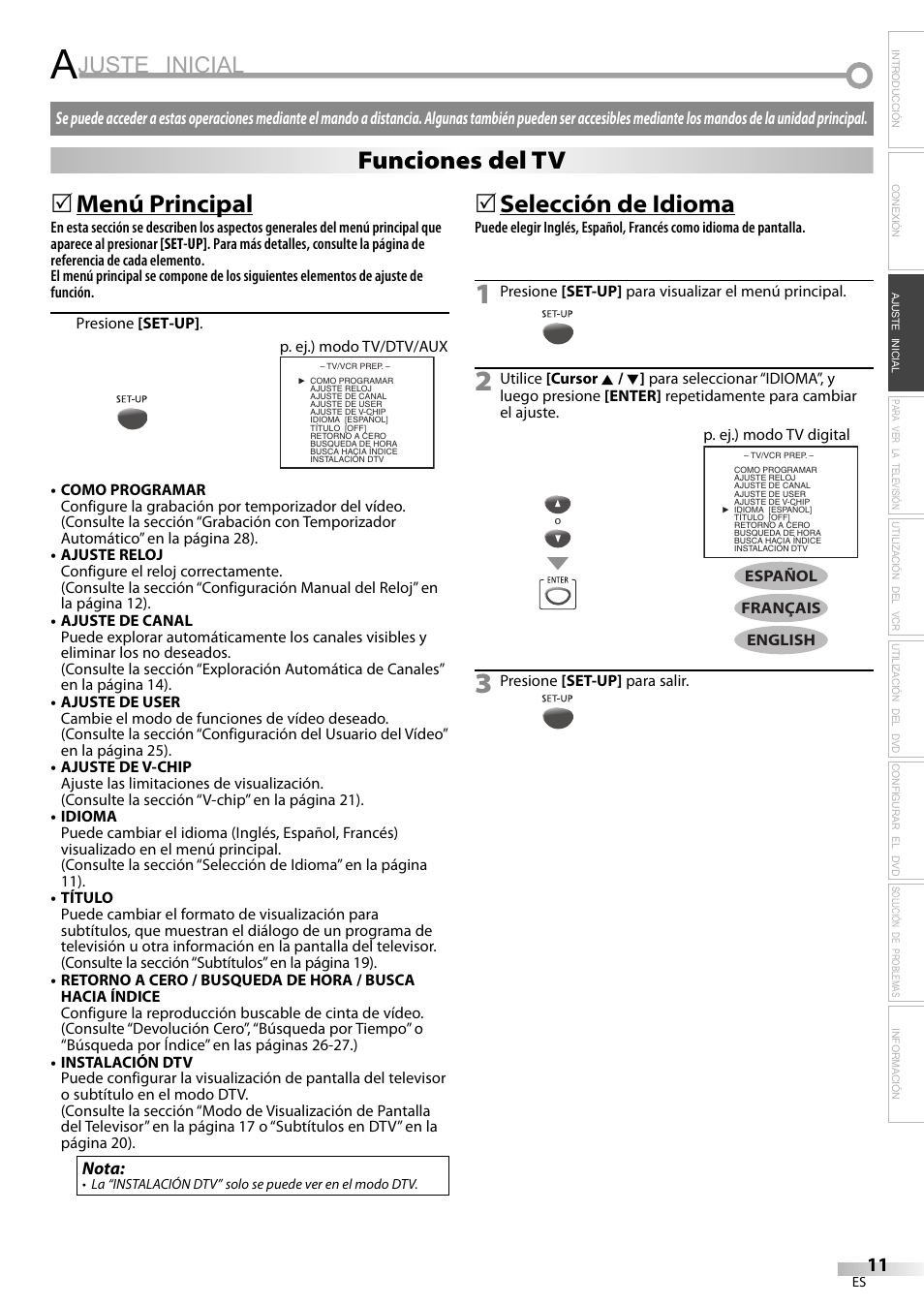 Juste inicial, Menú principal, Selección de idioma | Funciones del tv | Philips Magnavox CT270MW8 A User Manual | Page 71 / 111