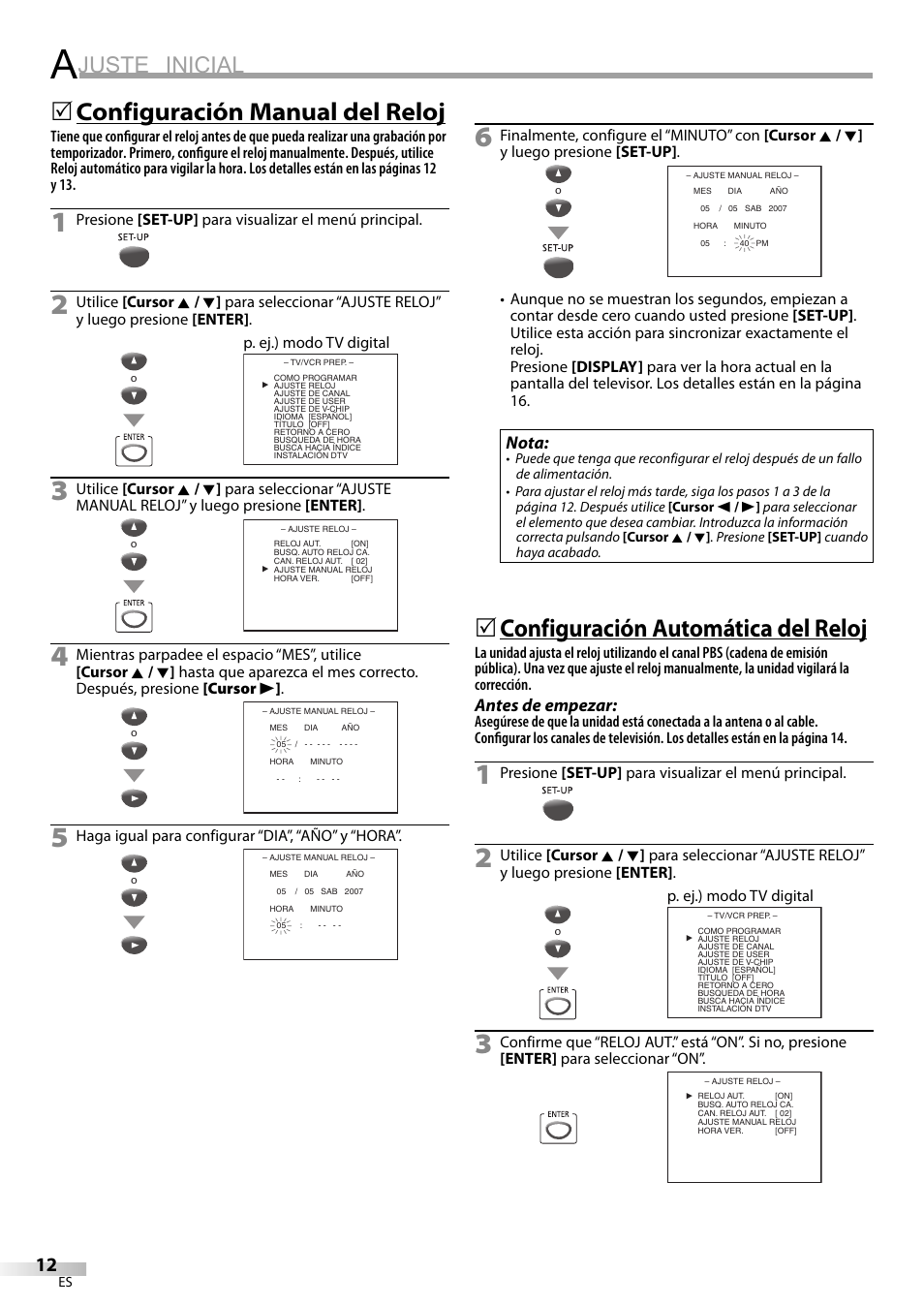 Juste inicial, Configuración manual del reloj, Configuración automática del reloj | Philips Magnavox CT270MW8 A User Manual | Page 72 / 111